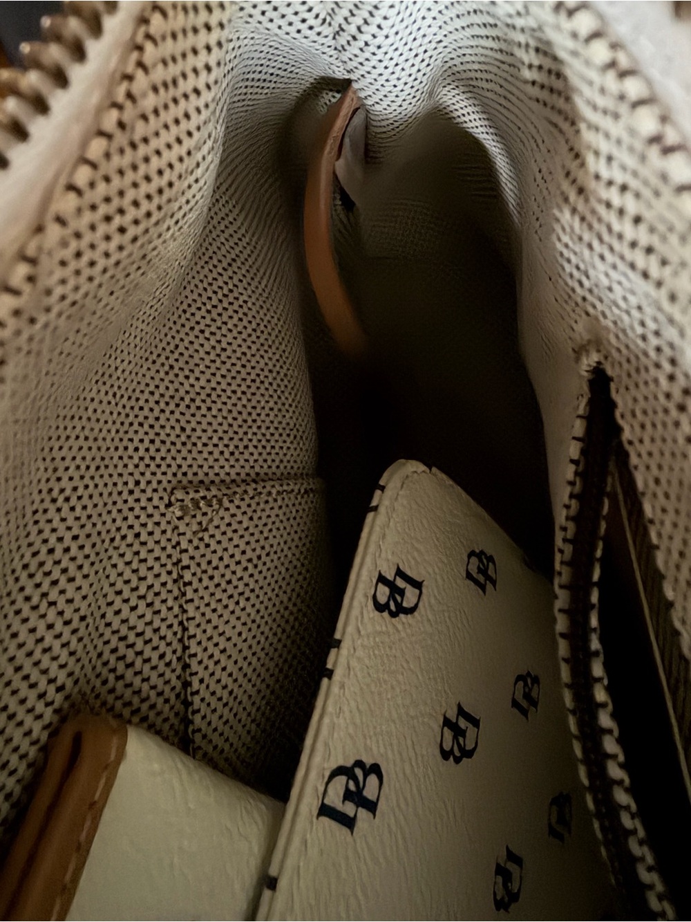 Dooney & Bourke Monogram Satchel with Tan Trim and Navy Logos - Picture 8 of 11